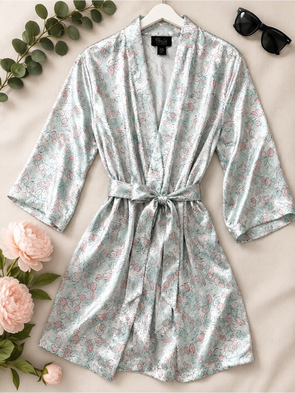 Thalia Sodi Intimates Satin Floral Robe S/M Mint Green Pink Kimono Belted